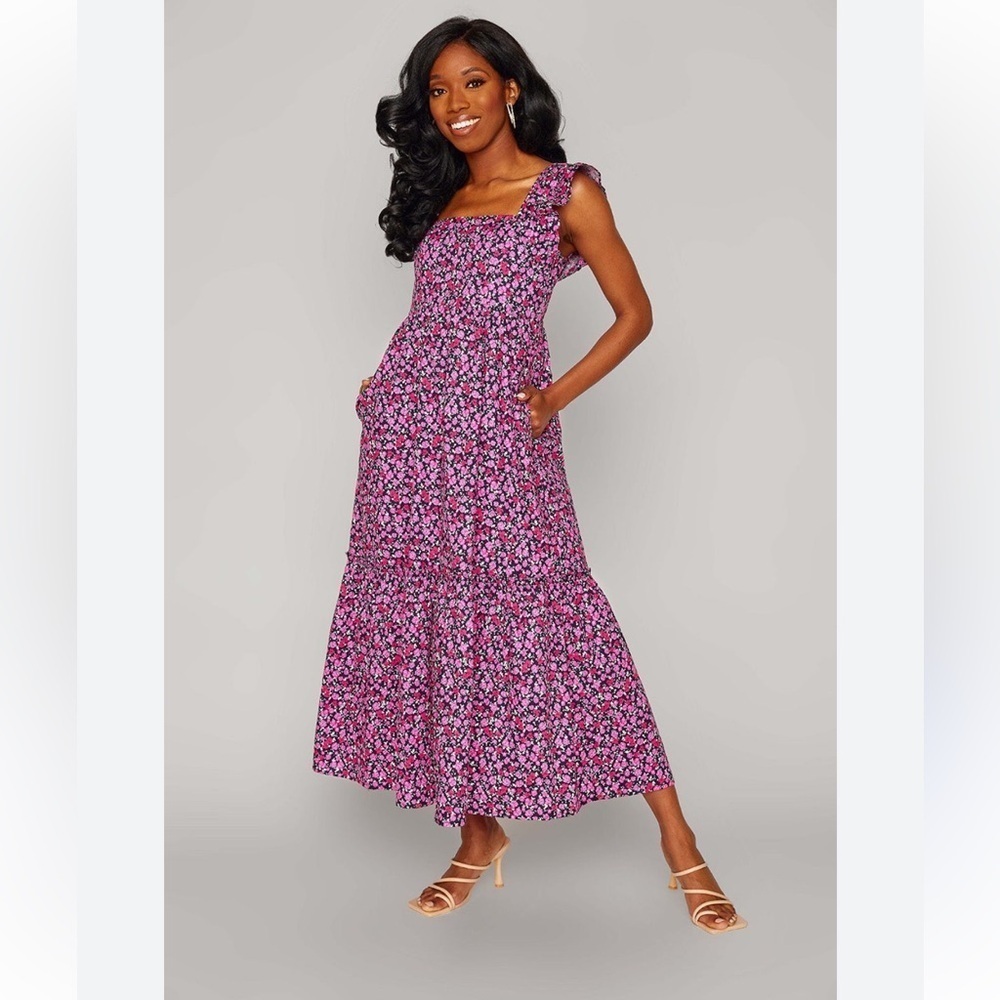 Buddy Love Anastasia Ruffle Shoulder Midi Dress in Thorn Floral Print Sz XS